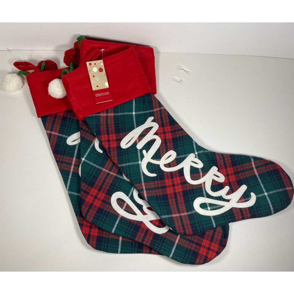 Holiday Lane‎ Sparkle & Shine Christmas Stockings Set of 3 Red Green Plaid Merry